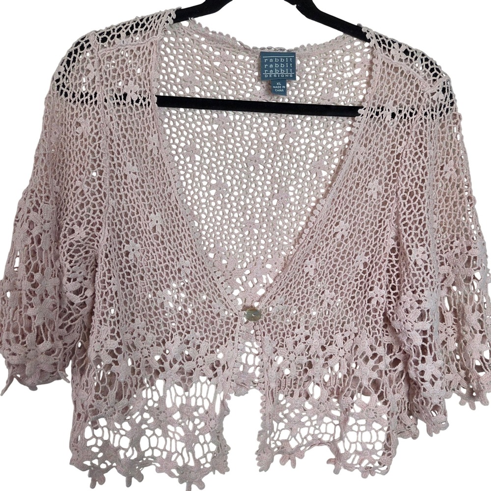 Pink Crochet Knit‎ Shrug Bohemian Cottagecore style Rabbit Rabbit Rabbit XL